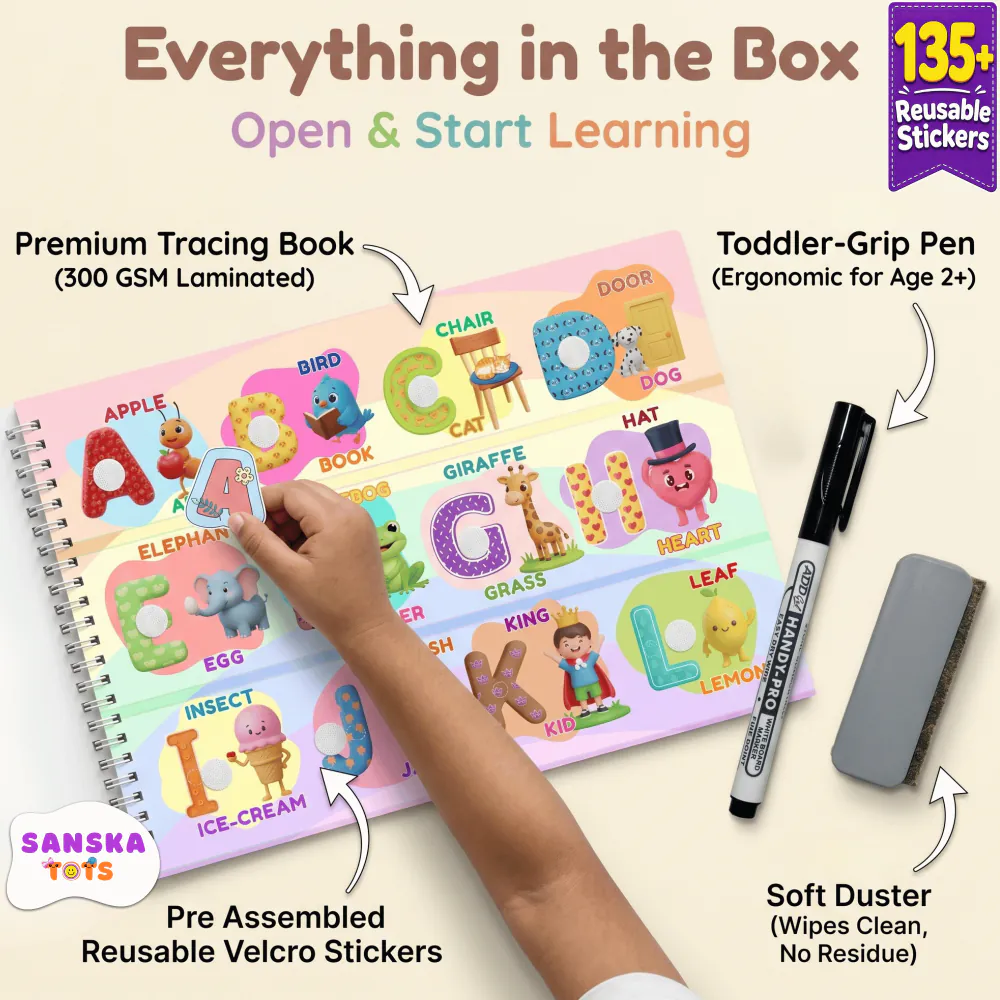 Everything in the box — Premium busy book, FREE toddler-grip pen, FREE soft duster