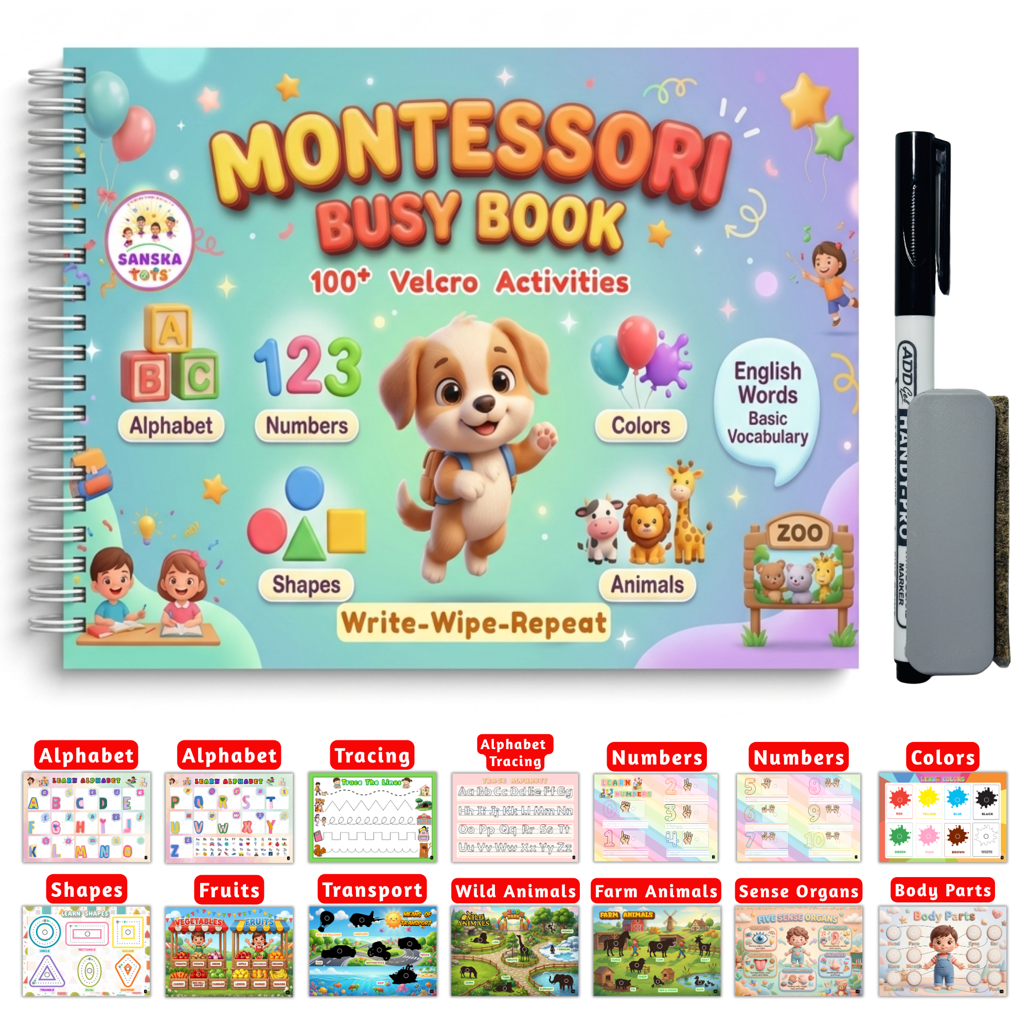 SanskaTots Montessori Busy Book with pen and duster — 100+ Velcro activities for toddlers