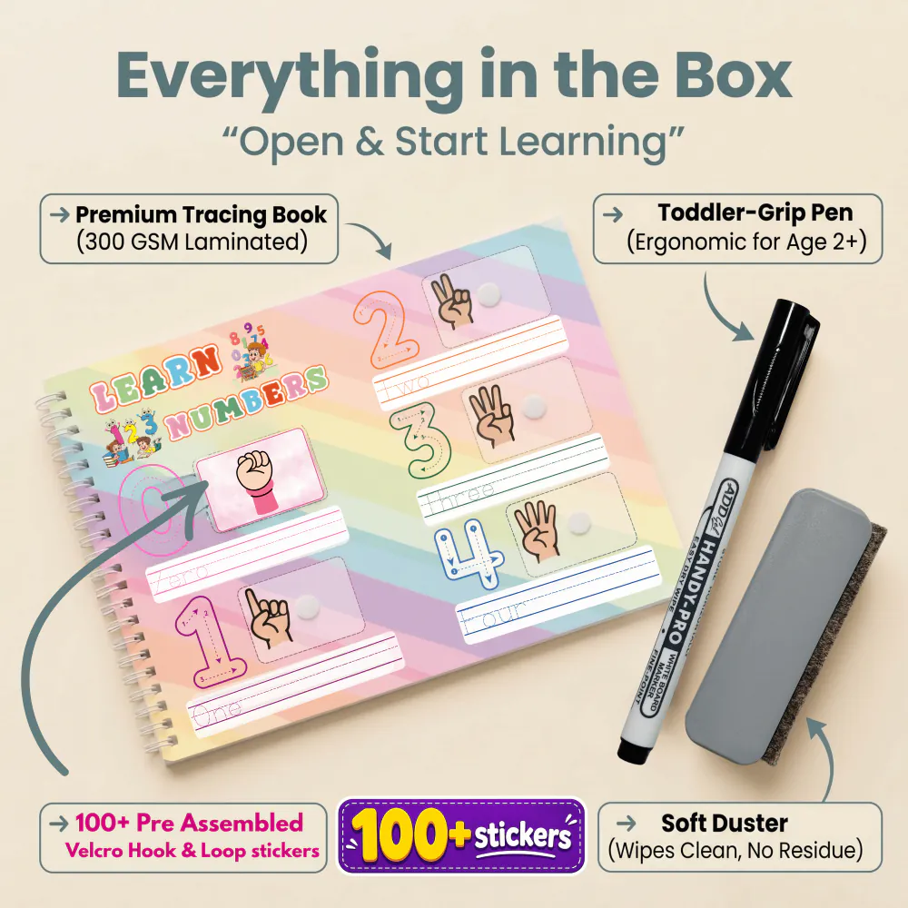 Everything in the box — Premium tracing book, FREE toddler-grip pen, FREE soft duster