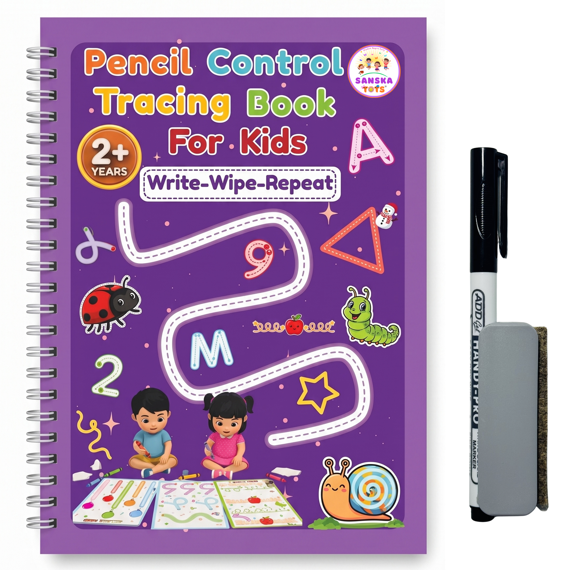 SanskaTots Pencil Control Tracing Book — Write Wipe Repeat, reusable with pen and duster