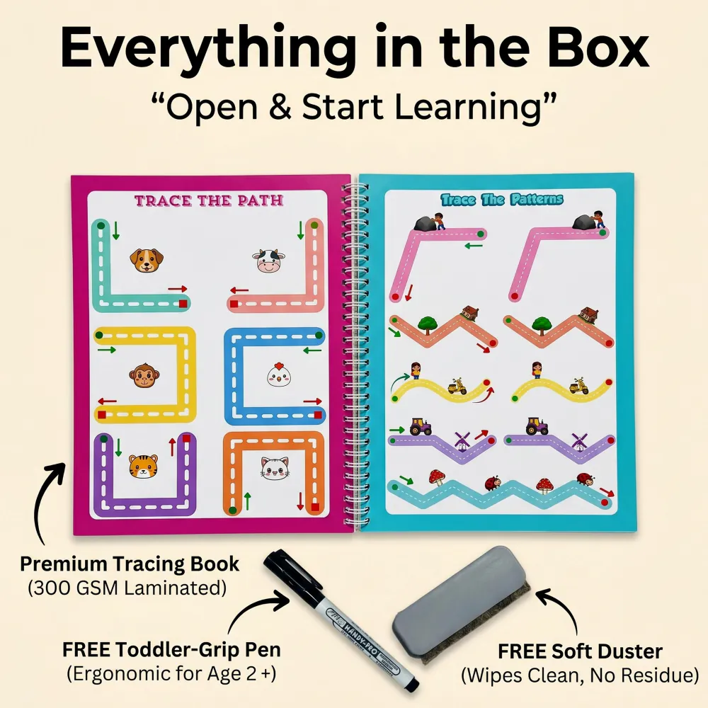 Everything in the box — Premium tracing book (300 GSM), FREE toddler-grip pen, FREE soft duster