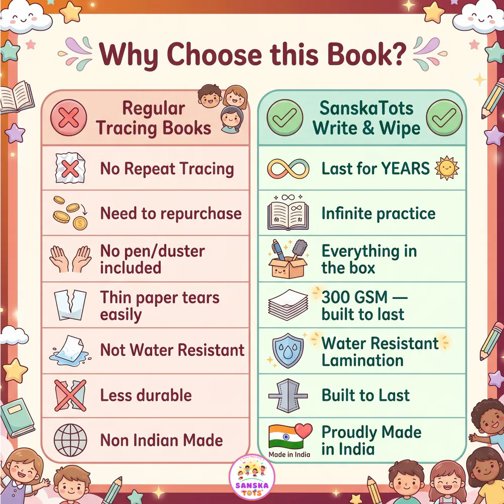 Comparison: Regular Tracing Books vs SanskaTots Write & Wipe — Last for YEARS, Infinite practice, Everything in the box, 300 GSM built to last, Water Resistant, Made in India